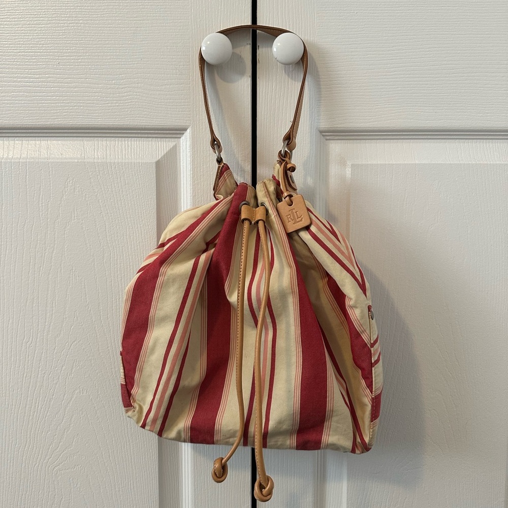 Vintage Lauren Ralph Lauren Striped Drawstring Bag w/ Leather